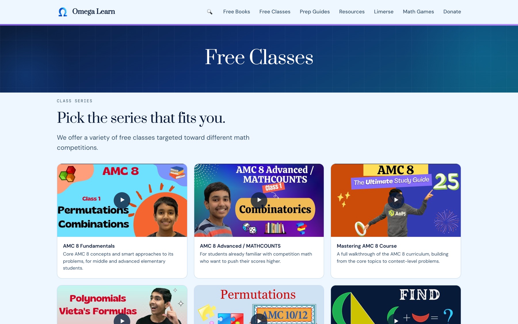 OmegaLearn's classes page with video course series
